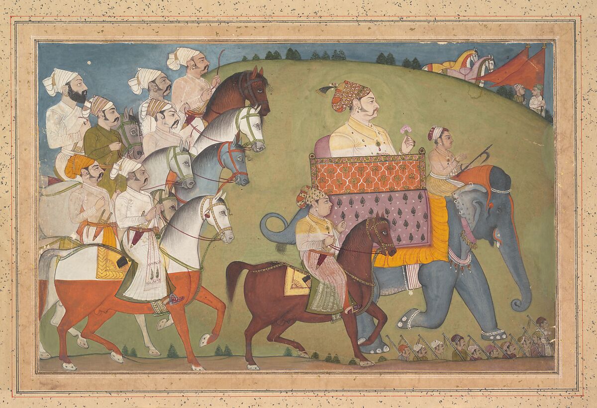 Maharaja Raj Singh in Procession with Members of His Court, Attributed to Nihal Chand, Ink, opaque watercolor, and gold on paper, India (Rajasthan, Junia) 