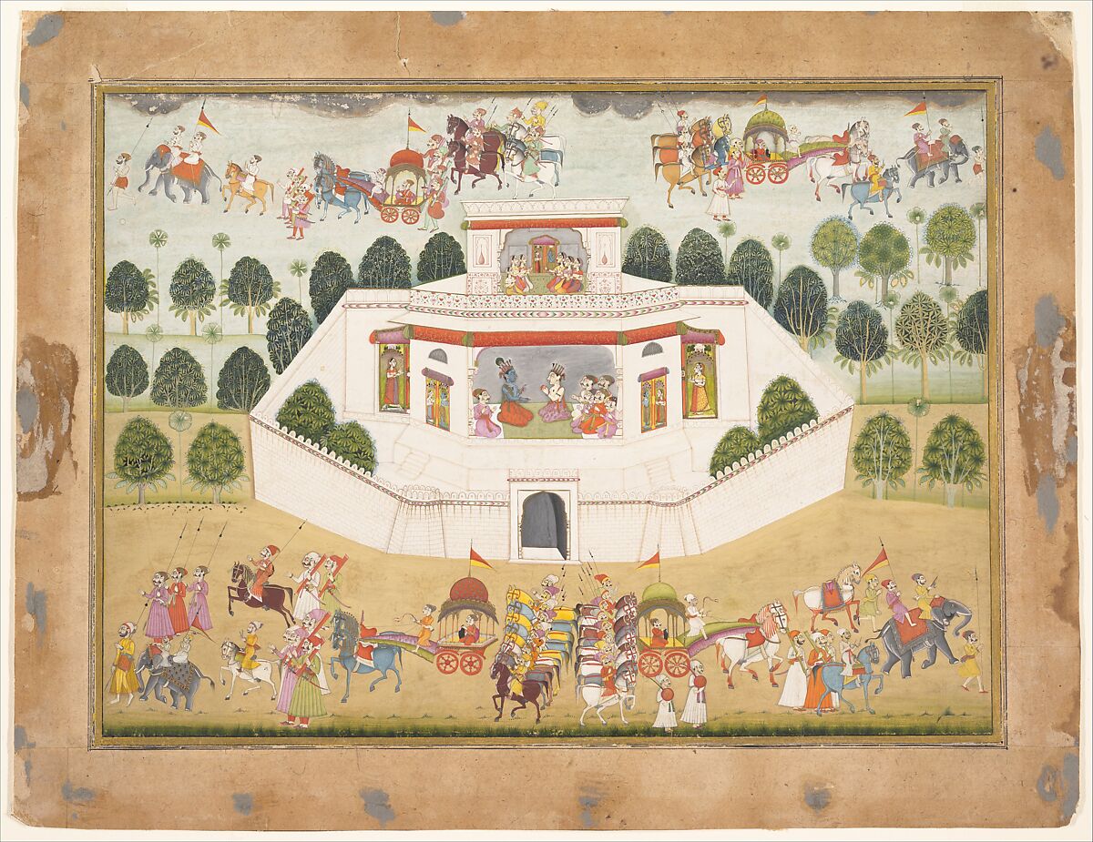 Krishna and Balarama within a Walled Palace:  Page from a Dispersed Bhagavata Purana (Ancient Stories of Lord Vishnu), Ink and opaque watercolor on paper, India (Rajasthan, Bikaner) 