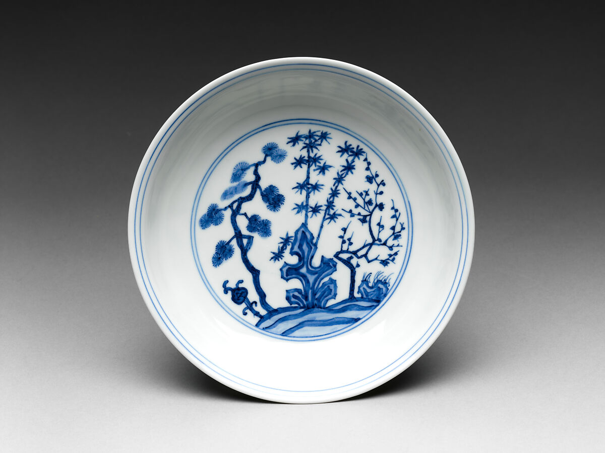 Dish with Three Friends of Winter, Porcelain painted with cobalt blue under transparent glaze (Jingdezhen ware), China 