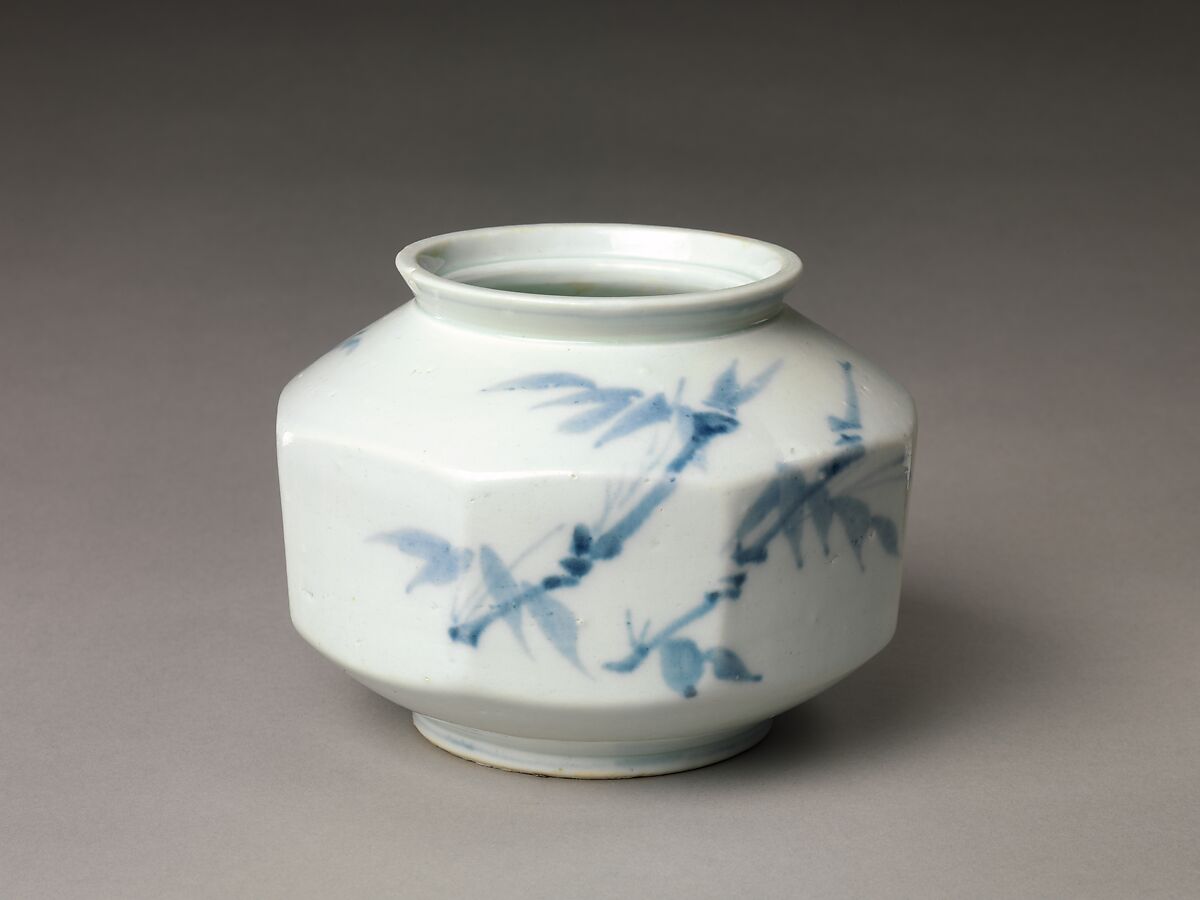 Faceted jar decorated with plum blossoms and bamboo, Porcelain with cobalt-blue design, Korea 