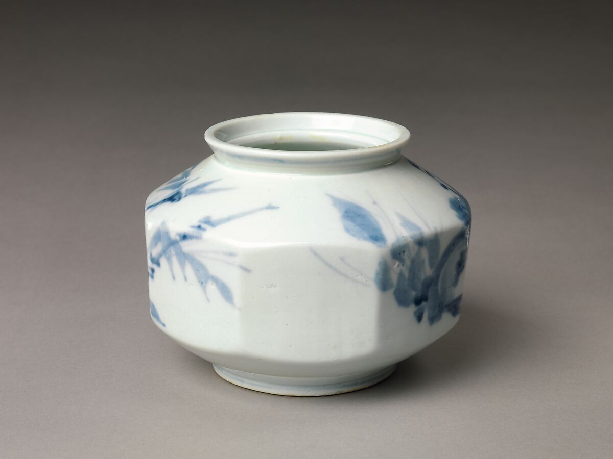 Faceted jar decorated with plum blossoms and bamboo, Porcelain with cobalt-blue design, Korea