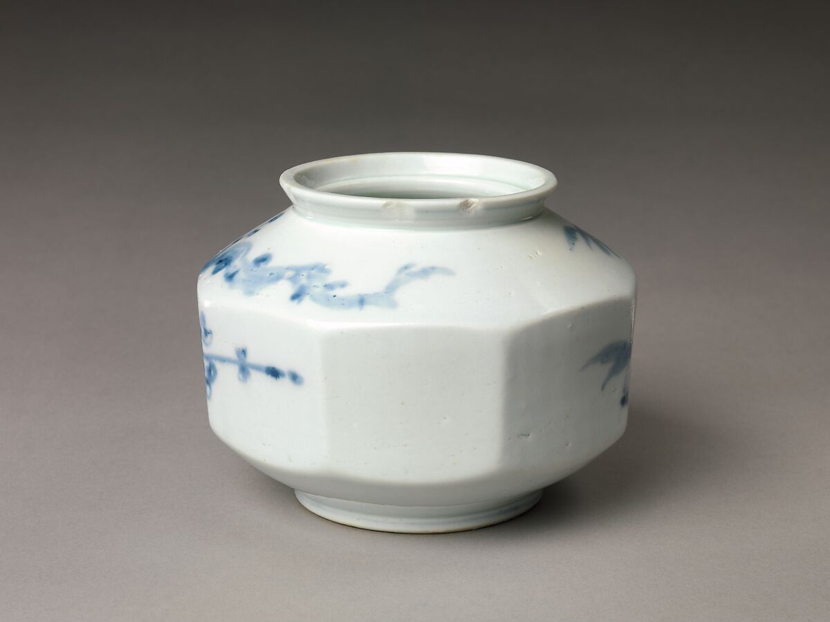 Faceted jar decorated with plum blossoms and bamboo, Porcelain with cobalt-blue design, Korea