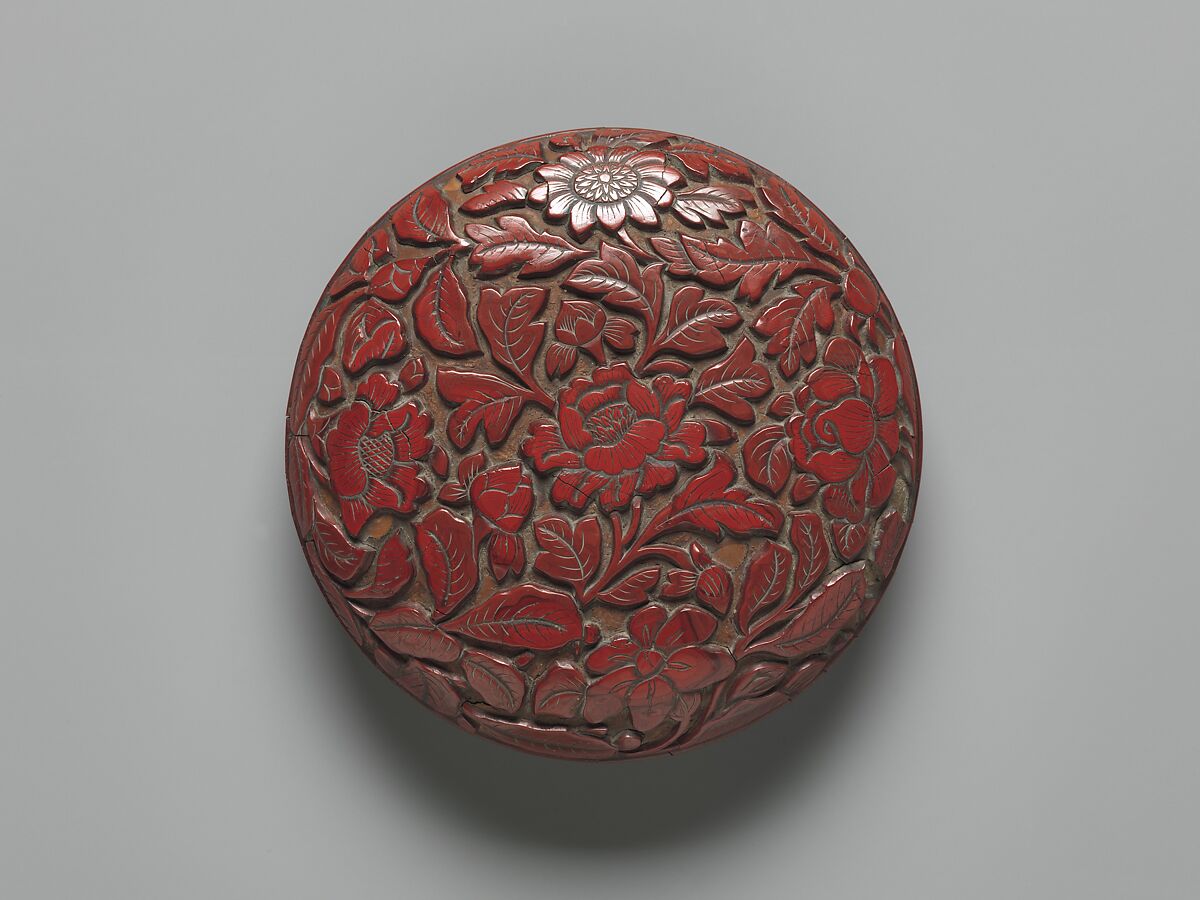 Incense Box (Kōgō) with Camellias, Carved red lacquer, China