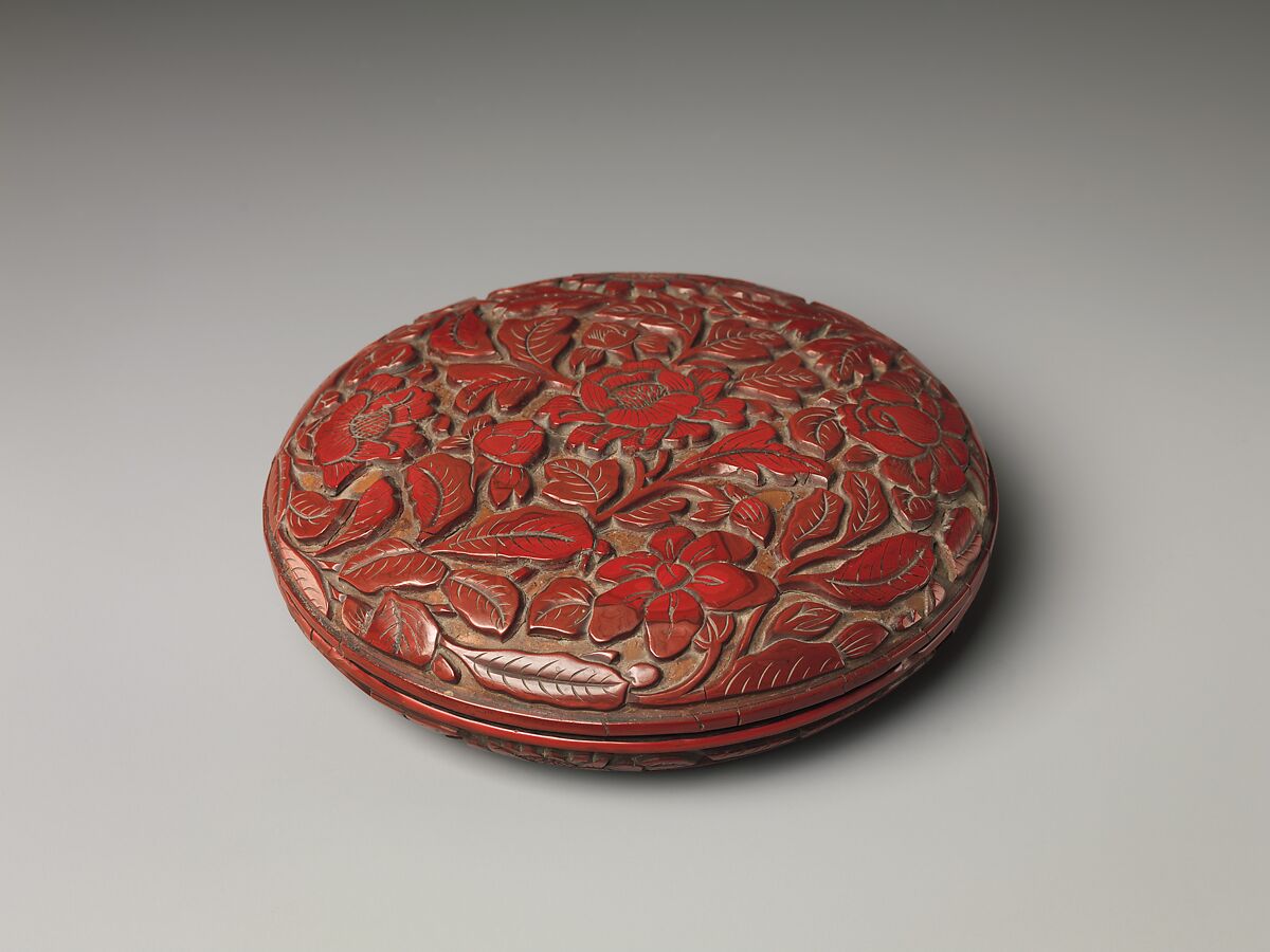 Incense Box (Kōgō) with Camellias, Carved red lacquer, China 