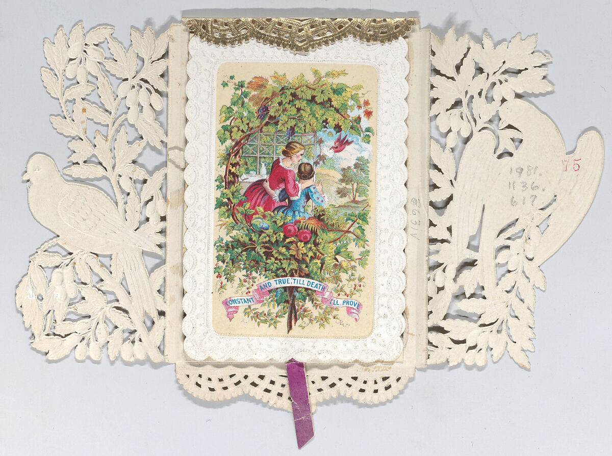 Valentine, Anonymous, Cameo-embossed, open-work lace paper, lithography, watercolor, thread