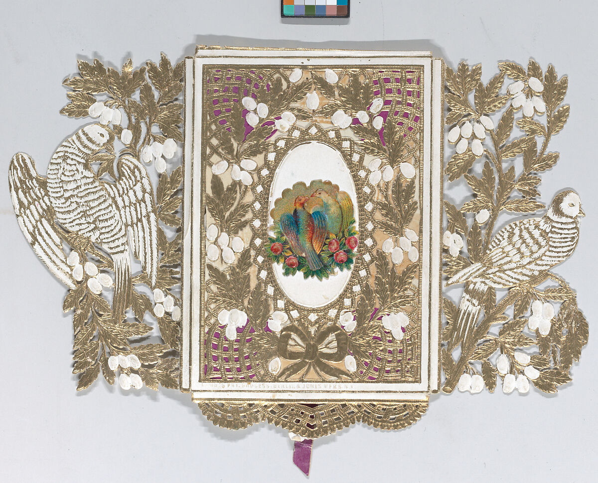 Valentine, Anonymous, Cameo-embossed, open-work lace paper, lithography, watercolor, thread
