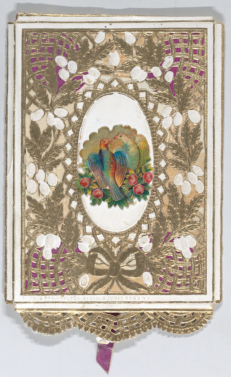Valentine, Anonymous, Cameo-embossed, open-work lace paper, lithography, watercolor, thread