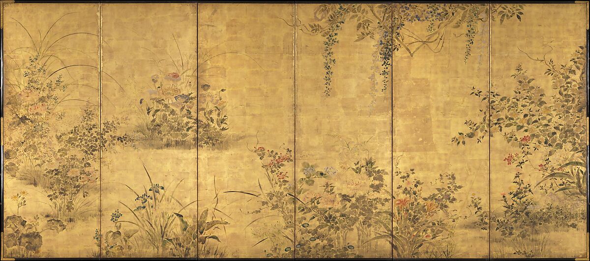 Flowering Plants and Vegetables of the Four Seasons, Pair of six-panel folding screens; ink, light color, and gold leaf on paper, Japan 