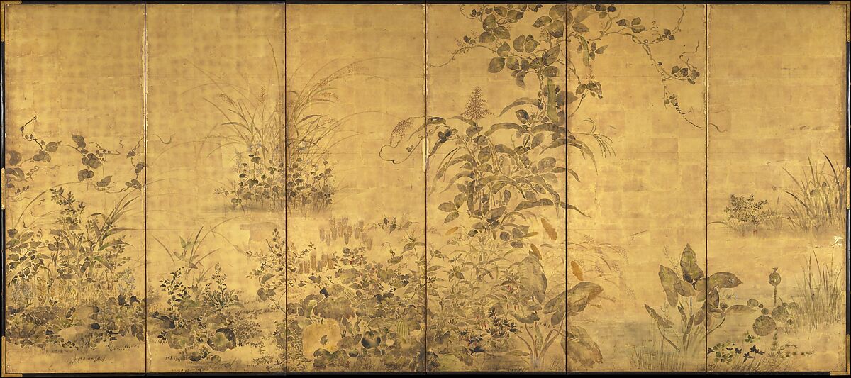 Flowering Plants and Vegetables of the Four Seasons, Pair of six-panel folding screens; ink, light color, and gold leaf on paper, Japan