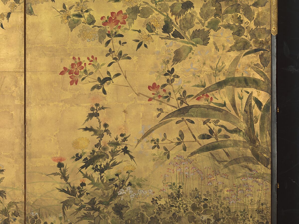 Flowering Plants and Vegetables of the Four Seasons, Pair of six-panel folding screens; ink, light color, and gold leaf on paper, Japan