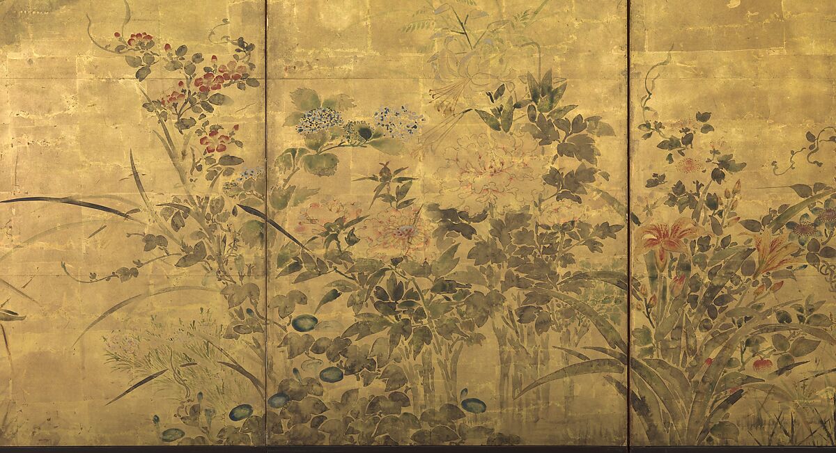 Flowering Plants and Vegetables of the Four Seasons, Pair of six-panel folding screens; ink, light color, and gold leaf on paper, Japan