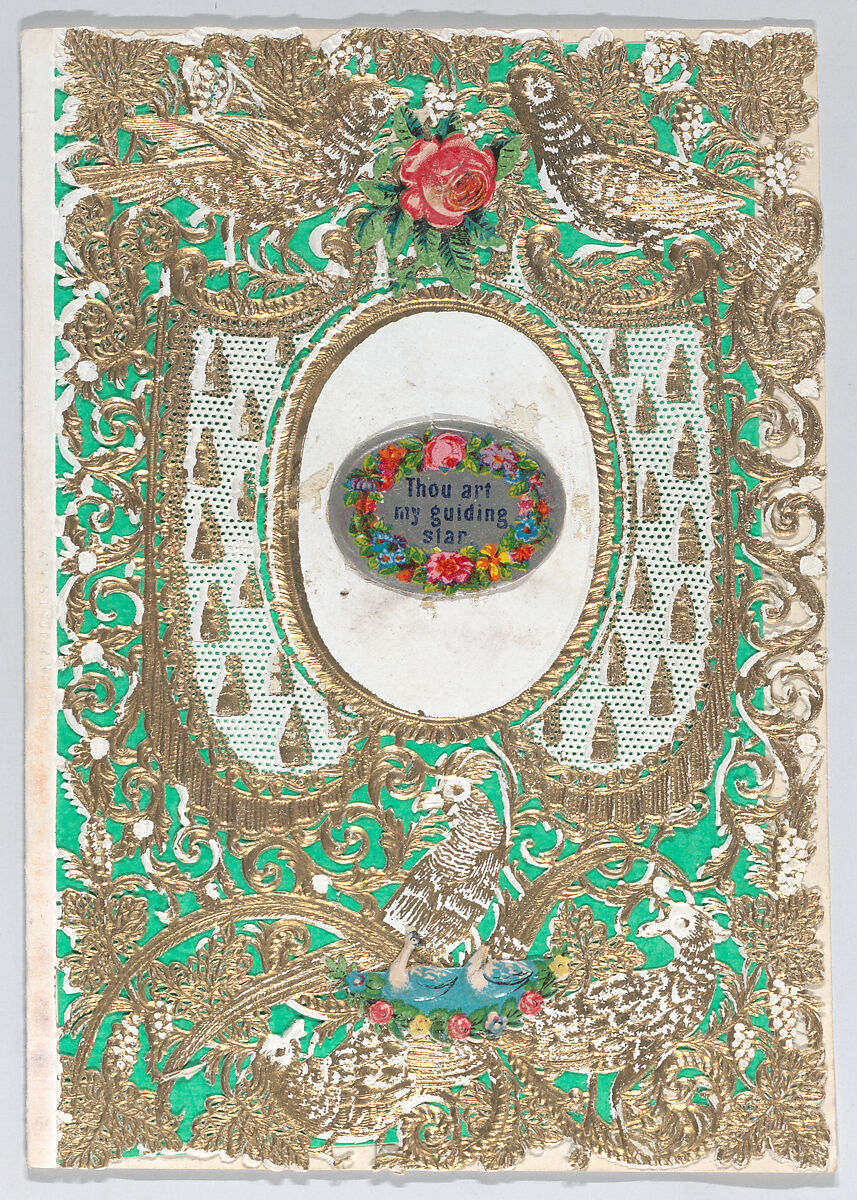 Valentine, Anonymous, Cameo-embossed, open-work lace paper, chromolithography, colored paper, ink