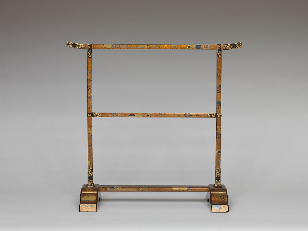 Hand-towel Rack (Tenugui kake) with Chrysanthemums and Meandering Stream, Gold and silver maki-e on lacquered wood, Japan 