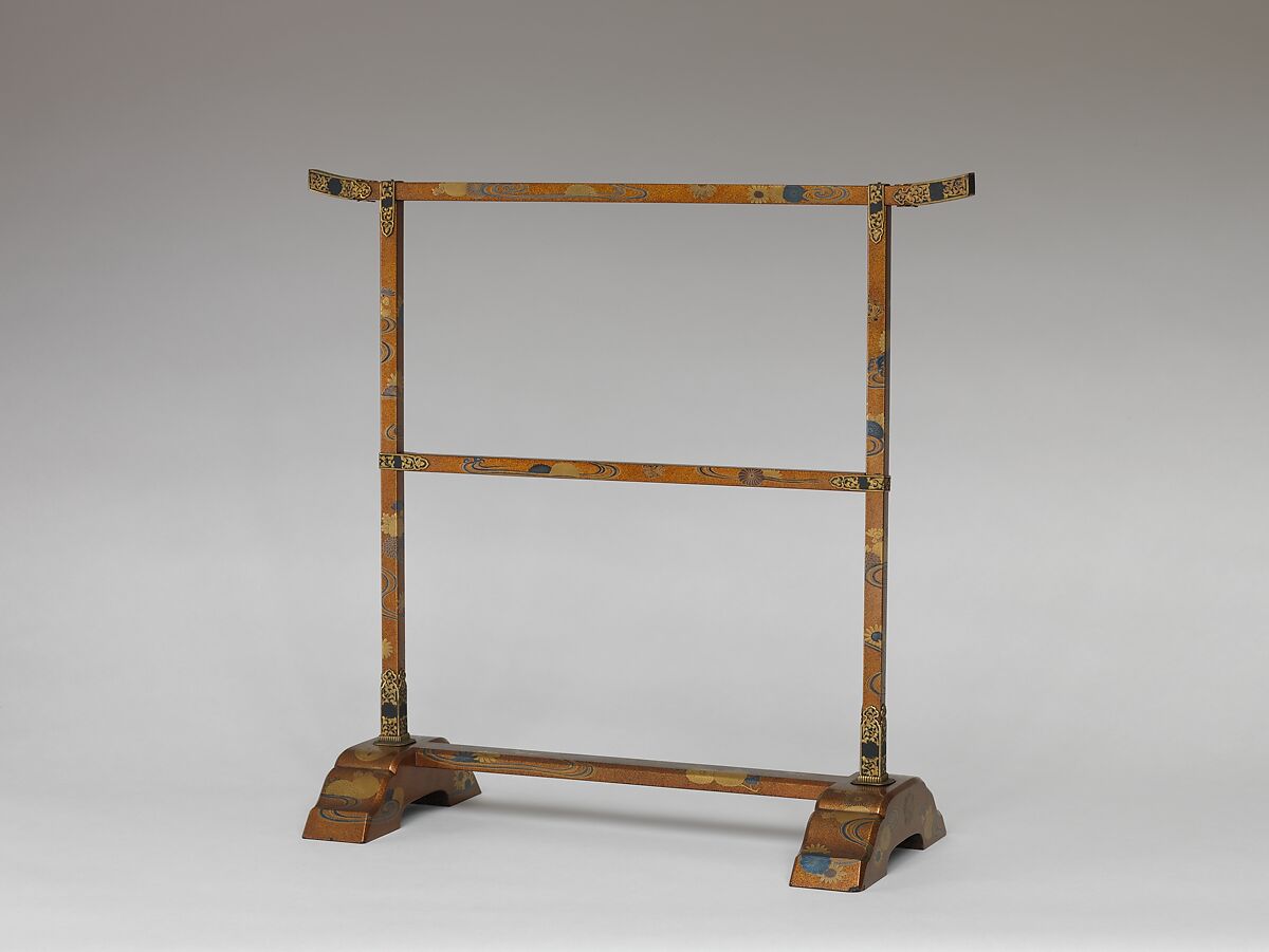 Hand-towel Rack (Tenugui kake) with Chrysanthemums and Meandering Stream, Gold and silver maki-e on lacquered wood, Japan