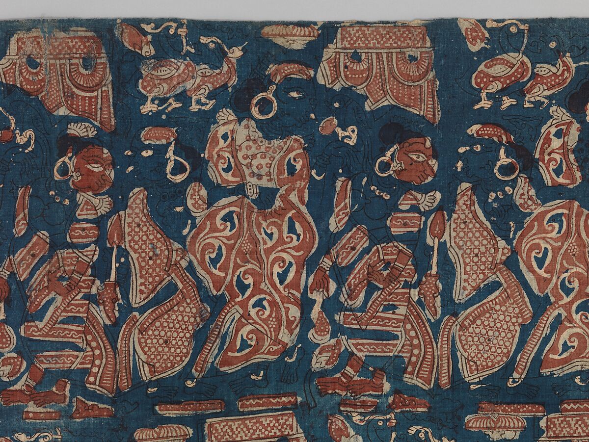 Ceremonial Textile Decorated with Female Courtesans with Attendants and Parrots, Plain-weave cotton block print (mordant- and painted resist-dyed), India (Gujarat)