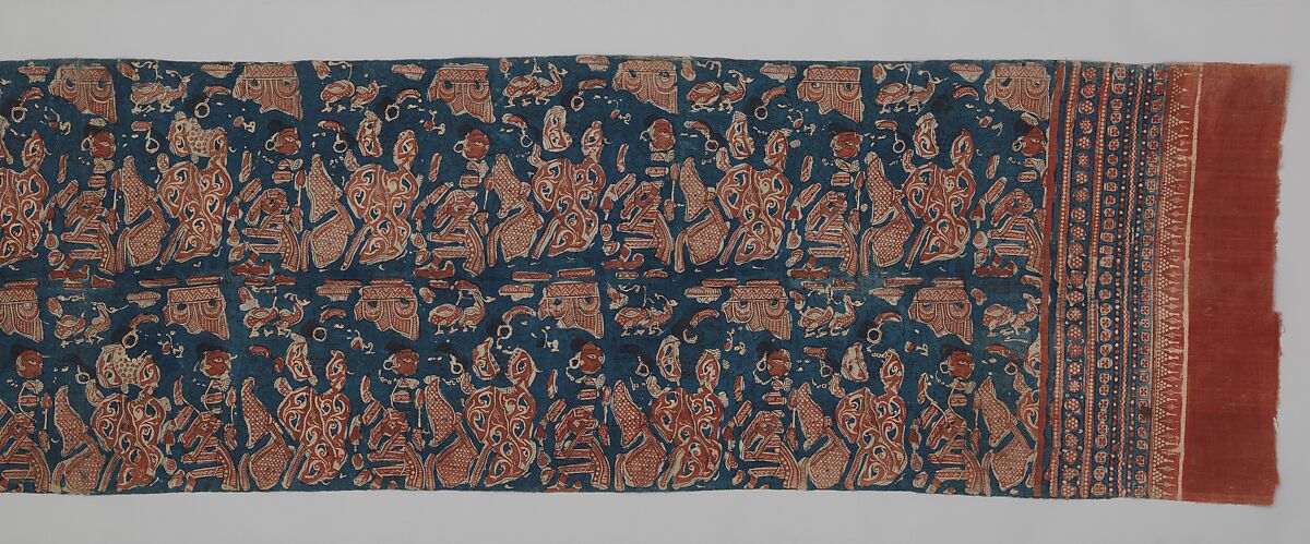 Ceremonial Textile Decorated with Female Courtesans with Attendants and Parrots, Plain-weave cotton block print (mordant- and painted resist-dyed), India (Gujarat)