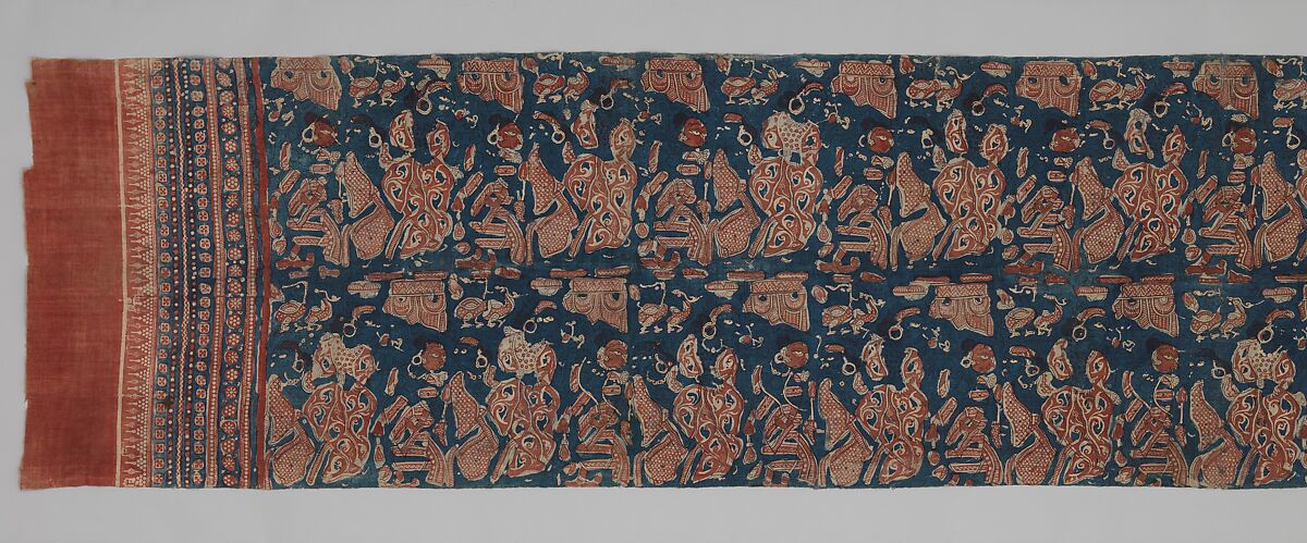 Ceremonial Textile Decorated with Female Courtesans with Attendants and Parrots, Plain-weave cotton block print (mordant- and painted resist-dyed), India (Gujarat)