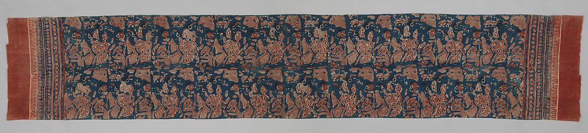 Ceremonial Textile Decorated with Female Courtesans with Attendants and Parrots, Plain-weave cotton block print (mordant- and painted resist-dyed), India (Gujarat) 