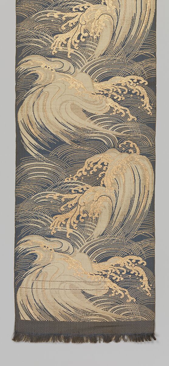 Obi with Stylized Waves, Silk and metallic thread, Japan