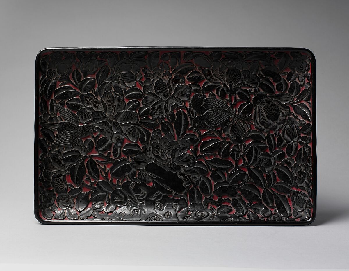 Rectangular tray with peonies and birds, Carved black lacquer, China 
