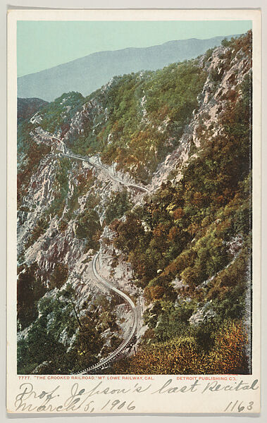 "The Crooked Railroad," Mt. Lowe Railway, California, No. 7777, Issued by the Detroit Publishing Company (American), Photochrom 