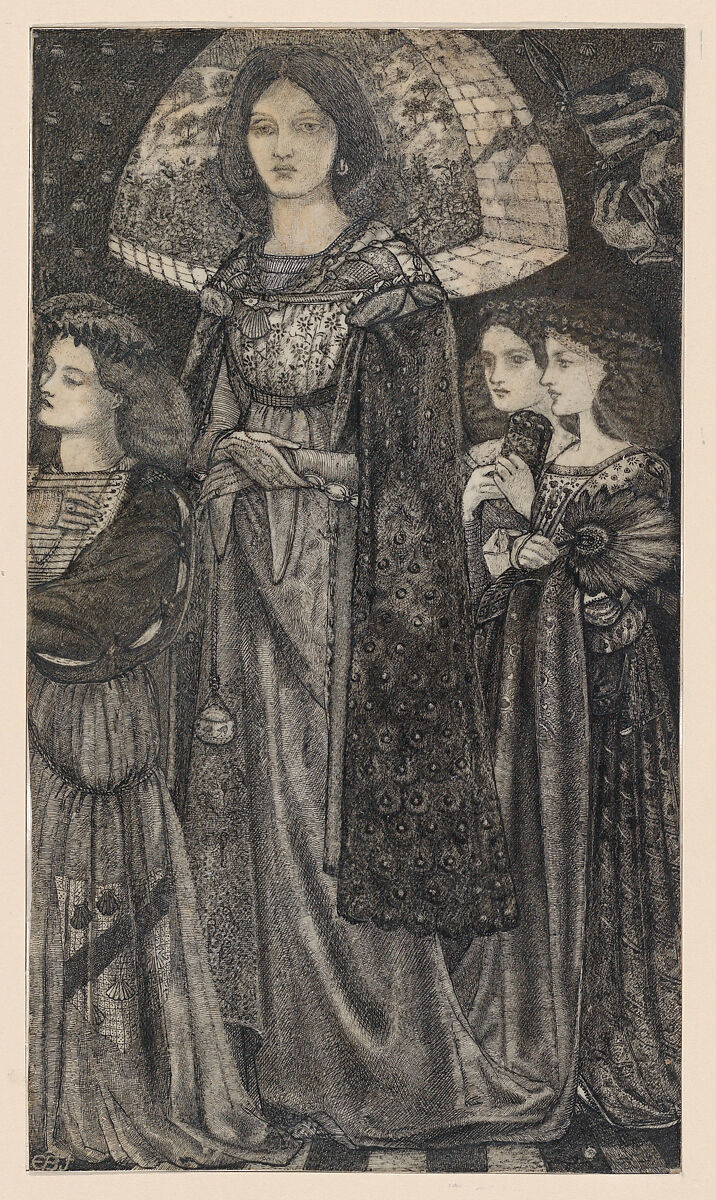Alice, la Belle Pèlerine, Sir Edward Burne-Jones (British, Birmingham 1833–1898 Fulham), Graphite and black ink, heightened with white, on vellum; the head and shoulders on a subsidiary piece of vellum 