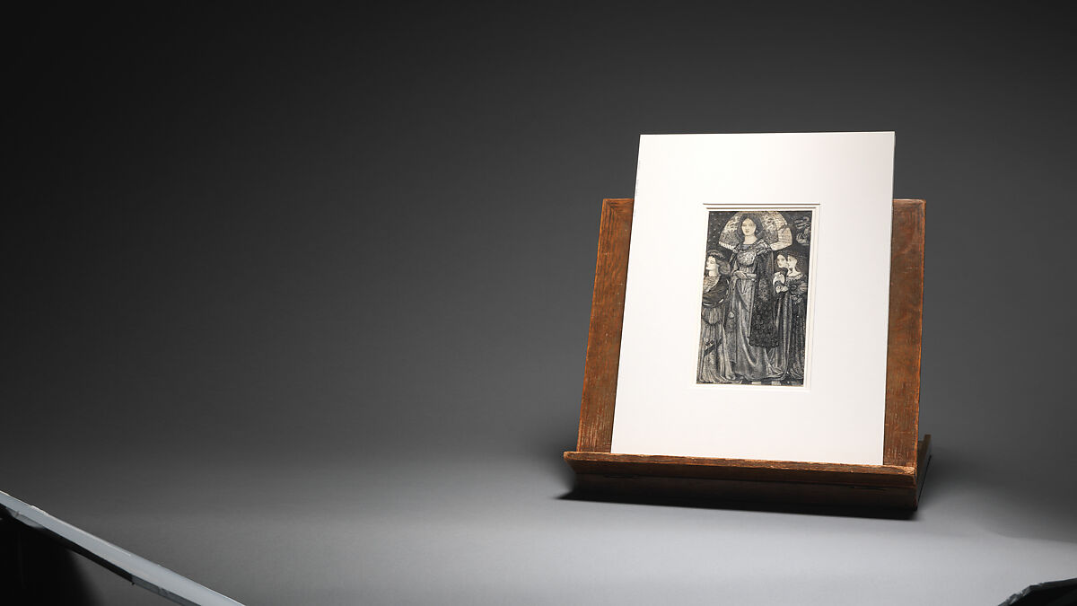 Alice, la Belle Pèlerine, Sir Edward Burne-Jones (British, Birmingham 1833–1898 Fulham), Graphite and black ink, heightened with white, on vellum; the head and shoulders on a subsidiary piece of vellum