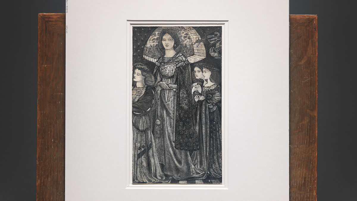 Alice, la Belle Pèlerine, Sir Edward Burne-Jones (British, Birmingham 1833–1898 Fulham), Graphite and black ink, heightened with white, on vellum; the head and shoulders on a subsidiary piece of vellum