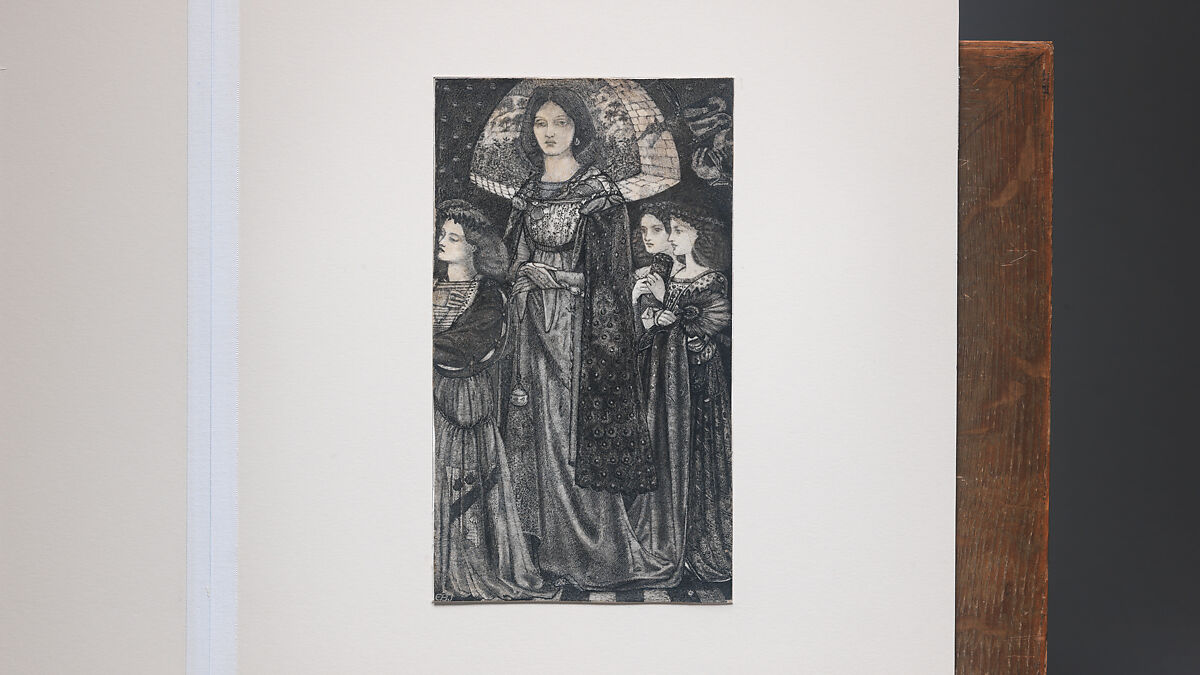 Alice, la Belle Pèlerine, Sir Edward Burne-Jones (British, Birmingham 1833–1898 Fulham), Graphite and black ink, heightened with white, on vellum; the head and shoulders on a subsidiary piece of vellum