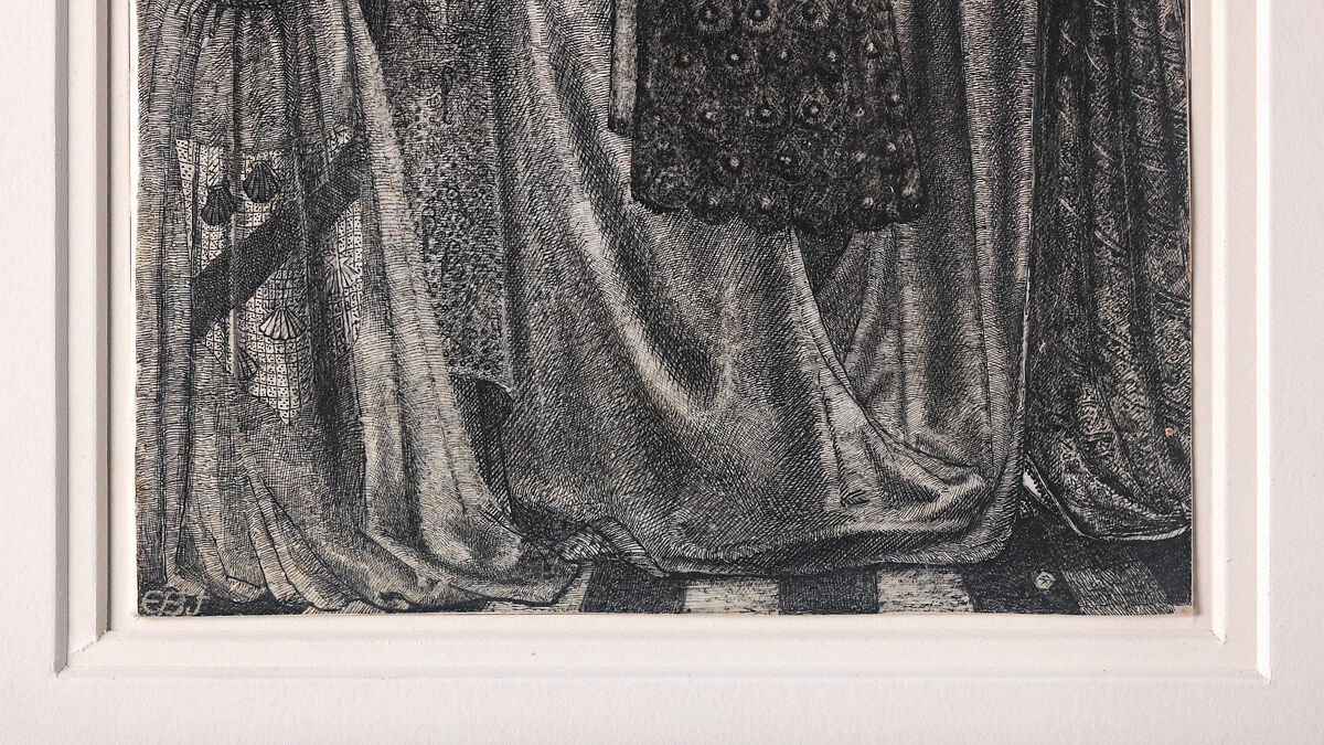 Alice, la Belle Pèlerine, Sir Edward Burne-Jones (British, Birmingham 1833–1898 Fulham), Graphite and black ink, heightened with white, on vellum; the head and shoulders on a subsidiary piece of vellum