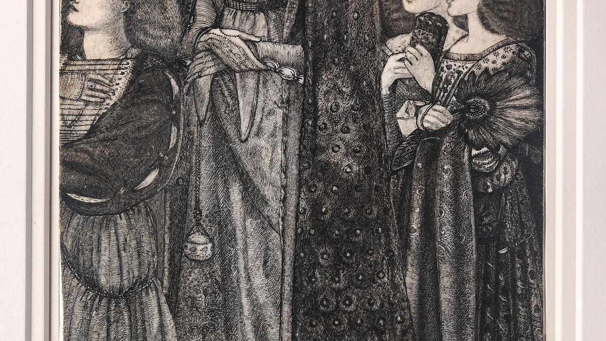 Alice, la Belle Pèlerine, Sir Edward Burne-Jones (British, Birmingham 1833–1898 Fulham), Graphite and black ink, heightened with white, on vellum; the head and shoulders on a subsidiary piece of vellum