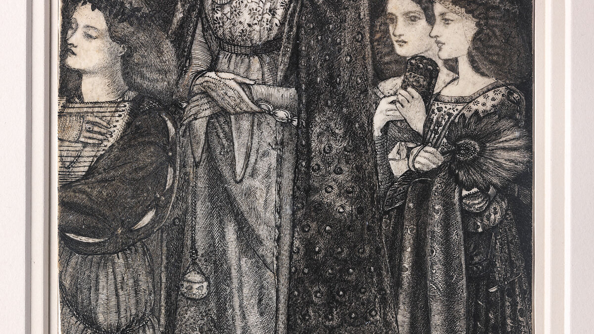 Alice, la Belle Pèlerine, Sir Edward Burne-Jones (British, Birmingham 1833–1898 Fulham), Graphite and black ink, heightened with white, on vellum; the head and shoulders on a subsidiary piece of vellum