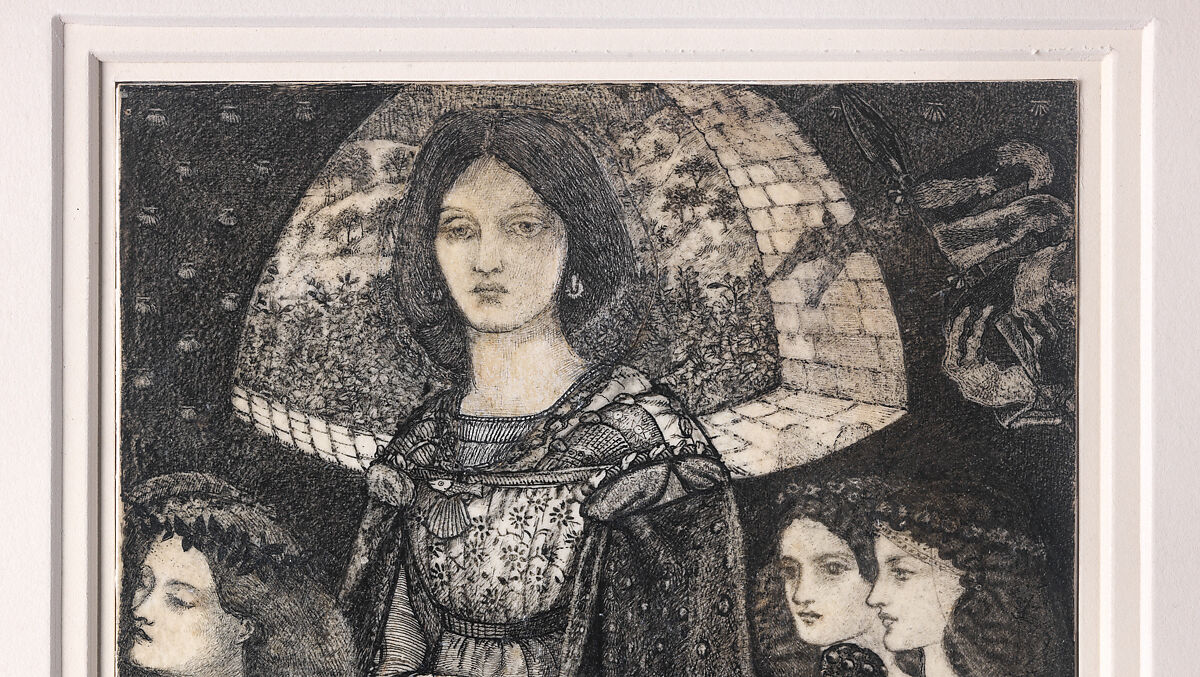 Alice, la Belle Pèlerine, Sir Edward Burne-Jones (British, Birmingham 1833–1898 Fulham), Graphite and black ink, heightened with white, on vellum; the head and shoulders on a subsidiary piece of vellum