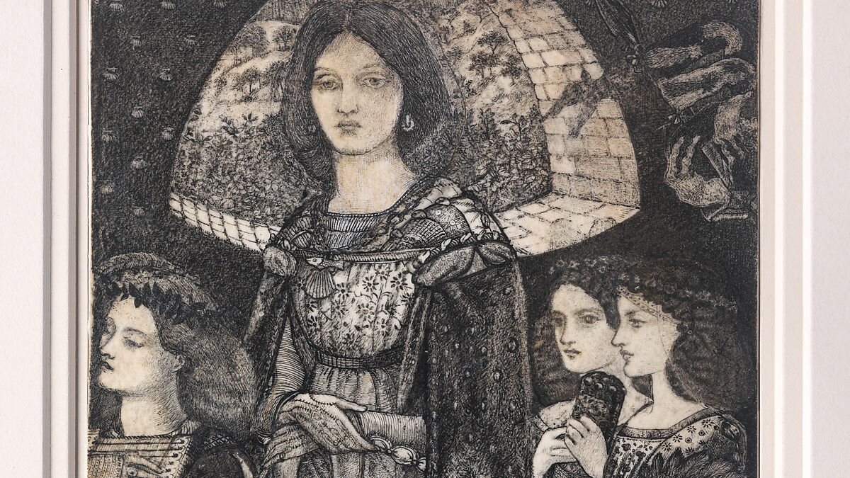 Alice, la Belle Pèlerine, Sir Edward Burne-Jones (British, Birmingham 1833–1898 Fulham), Graphite and black ink, heightened with white, on vellum; the head and shoulders on a subsidiary piece of vellum