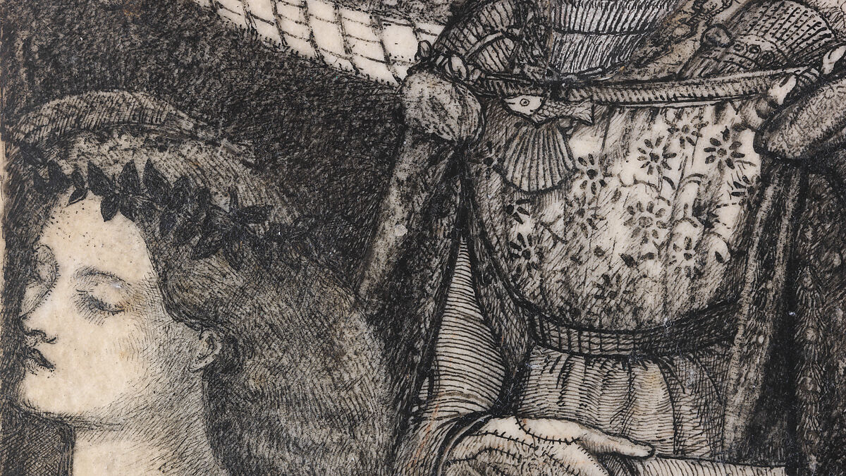 Alice, la Belle Pèlerine, Sir Edward Burne-Jones (British, Birmingham 1833–1898 Fulham), Graphite and black ink, heightened with white, on vellum; the head and shoulders on a subsidiary piece of vellum