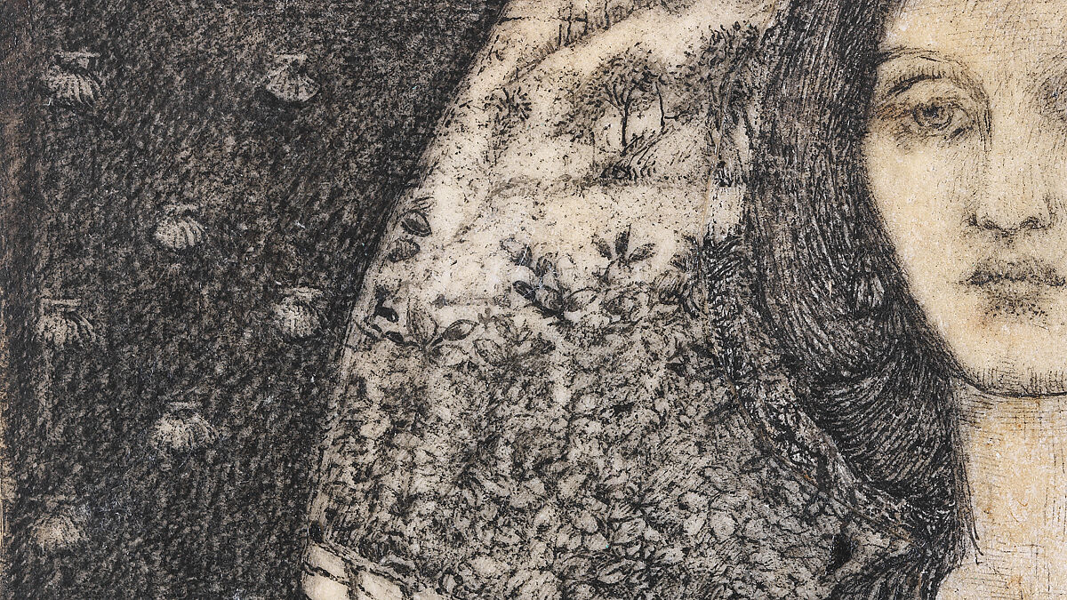 Alice, la Belle Pèlerine, Sir Edward Burne-Jones (British, Birmingham 1833–1898 Fulham), Graphite and black ink, heightened with white, on vellum; the head and shoulders on a subsidiary piece of vellum