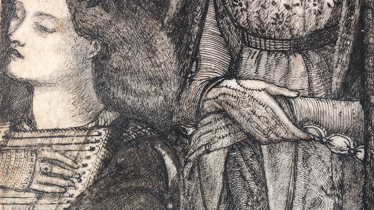 Alice, la Belle Pèlerine, Sir Edward Burne-Jones (British, Birmingham 1833–1898 Fulham), Graphite and black ink, heightened with white, on vellum; the head and shoulders on a subsidiary piece of vellum