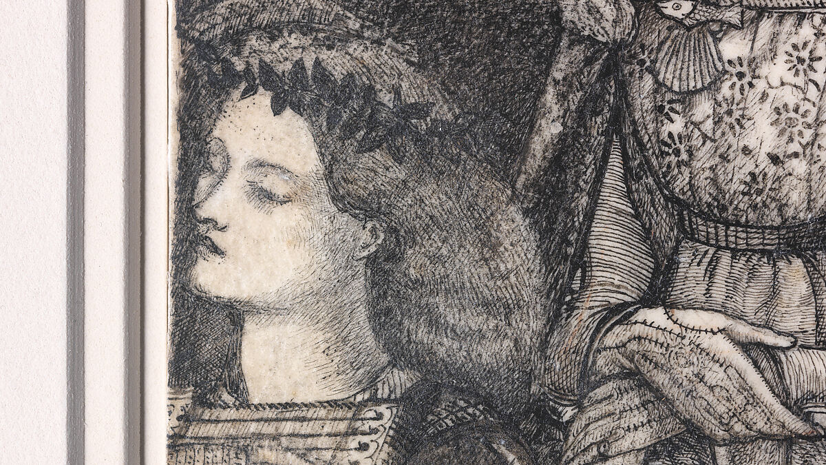 Alice, la Belle Pèlerine, Sir Edward Burne-Jones (British, Birmingham 1833–1898 Fulham), Graphite and black ink, heightened with white, on vellum; the head and shoulders on a subsidiary piece of vellum