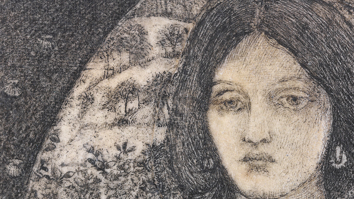 Alice, la Belle Pèlerine, Sir Edward Burne-Jones (British, Birmingham 1833–1898 Fulham), Graphite and black ink, heightened with white, on vellum; the head and shoulders on a subsidiary piece of vellum