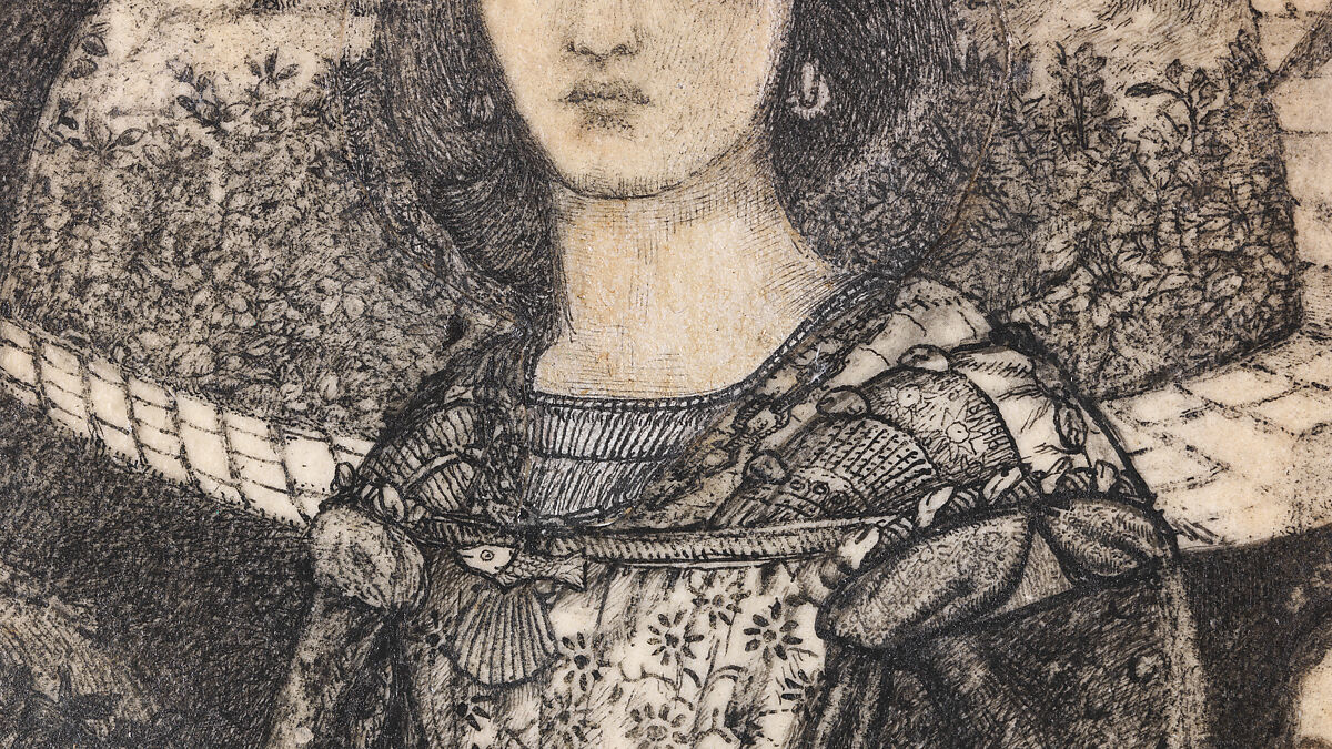 Alice, la Belle Pèlerine, Sir Edward Burne-Jones (British, Birmingham 1833–1898 Fulham), Graphite and black ink, heightened with white, on vellum; the head and shoulders on a subsidiary piece of vellum