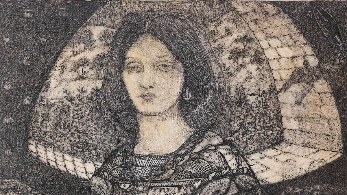 Alice, la Belle Pèlerine, Sir Edward Burne-Jones (British, Birmingham 1833–1898 Fulham), Graphite and black ink, heightened with white, on vellum; the head and shoulders on a subsidiary piece of vellum