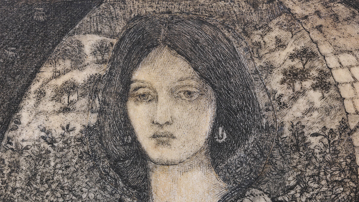 Alice, la Belle Pèlerine, Sir Edward Burne-Jones (British, Birmingham 1833–1898 Fulham), Graphite and black ink, heightened with white, on vellum; the head and shoulders on a subsidiary piece of vellum