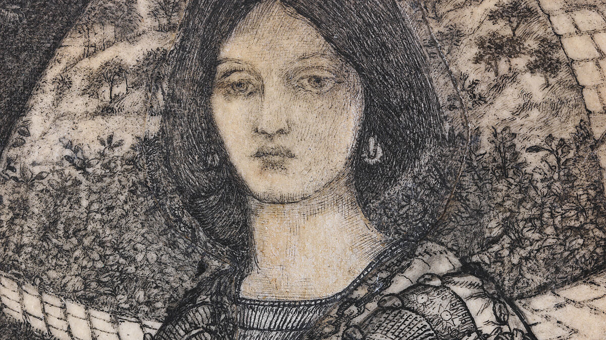 Alice, la Belle Pèlerine, Sir Edward Burne-Jones (British, Birmingham 1833–1898 Fulham), Graphite and black ink, heightened with white, on vellum; the head and shoulders on a subsidiary piece of vellum