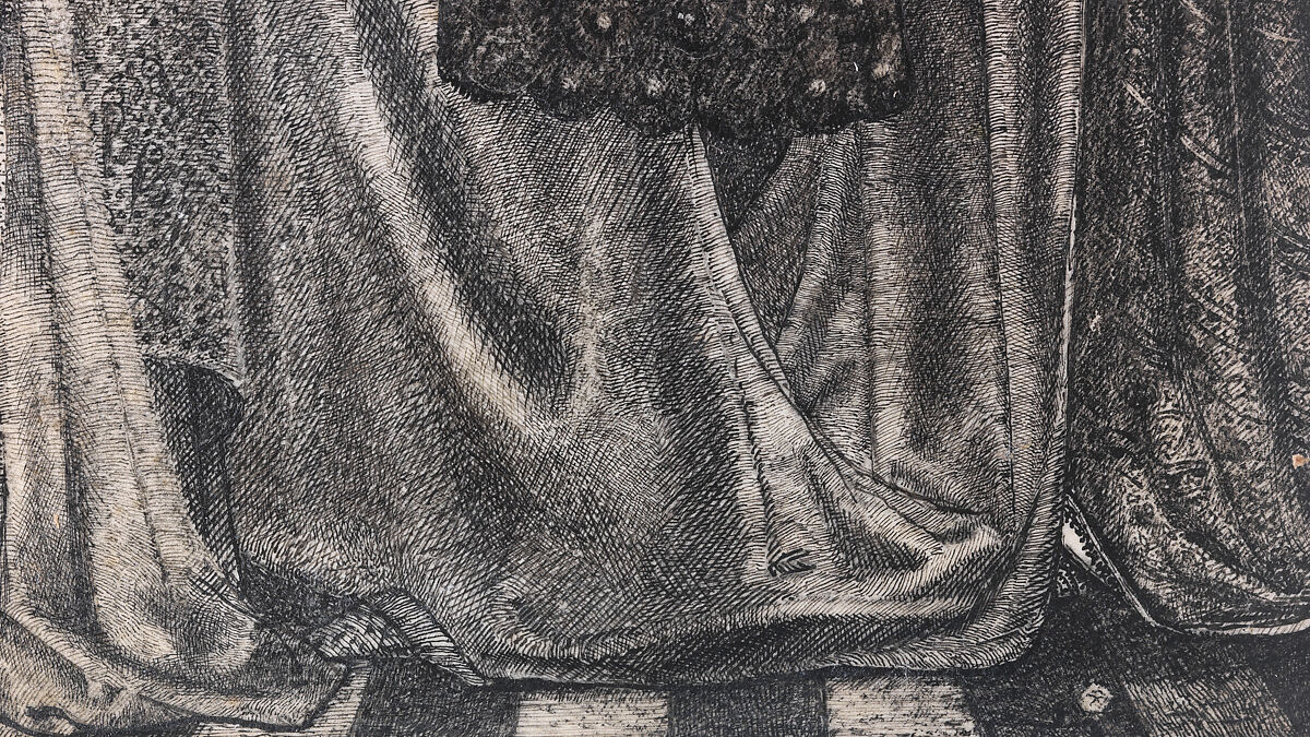 Alice, la Belle Pèlerine, Sir Edward Burne-Jones (British, Birmingham 1833–1898 Fulham), Graphite and black ink, heightened with white, on vellum; the head and shoulders on a subsidiary piece of vellum