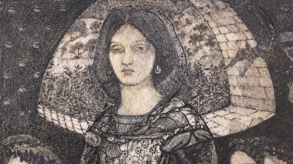 Alice, la Belle Pèlerine, Sir Edward Burne-Jones (British, Birmingham 1833–1898 Fulham), Graphite and black ink, heightened with white, on vellum; the head and shoulders on a subsidiary piece of vellum