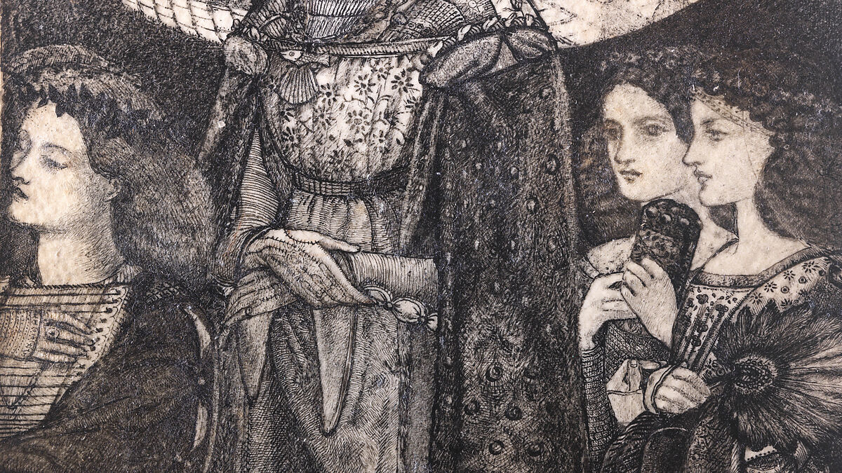 Alice, la Belle Pèlerine, Sir Edward Burne-Jones (British, Birmingham 1833–1898 Fulham), Graphite and black ink, heightened with white, on vellum; the head and shoulders on a subsidiary piece of vellum