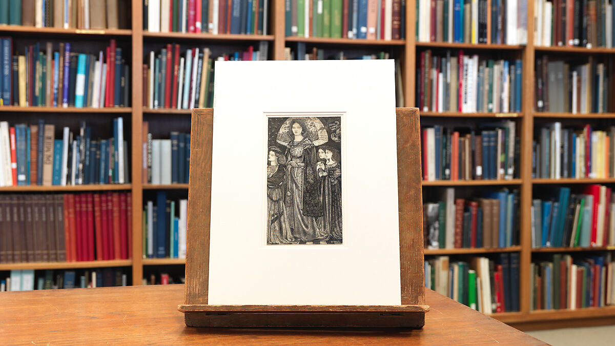 Alice, la Belle Pèlerine, Sir Edward Burne-Jones (British, Birmingham 1833–1898 Fulham), Graphite and black ink, heightened with white, on vellum; the head and shoulders on a subsidiary piece of vellum