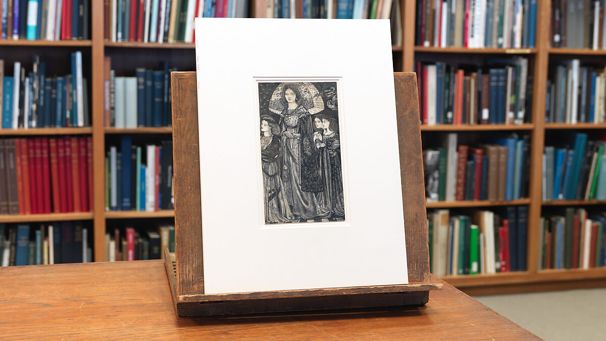 Alice, la Belle Pèlerine, Sir Edward Burne-Jones (British, Birmingham 1833–1898 Fulham), Graphite and black ink, heightened with white, on vellum; the head and shoulders on a subsidiary piece of vellum