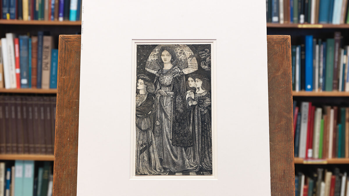Alice, la Belle Pèlerine, Sir Edward Burne-Jones (British, Birmingham 1833–1898 Fulham), Graphite and black ink, heightened with white, on vellum; the head and shoulders on a subsidiary piece of vellum