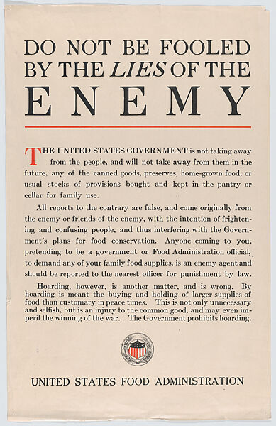 Do not be fooled by the lies of the enemy, United States Food Administration, Commercial color lithograph 